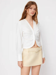 Cotton-blend V-neck Long Sleeve Ruched Blouse