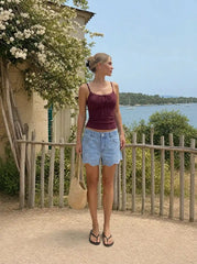 Denim Low Rise Embroidery Floral Scallop Hem Micro Shorts
