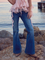 Stretch Washed Denim Low Rise Embroidery Flared Jeans
