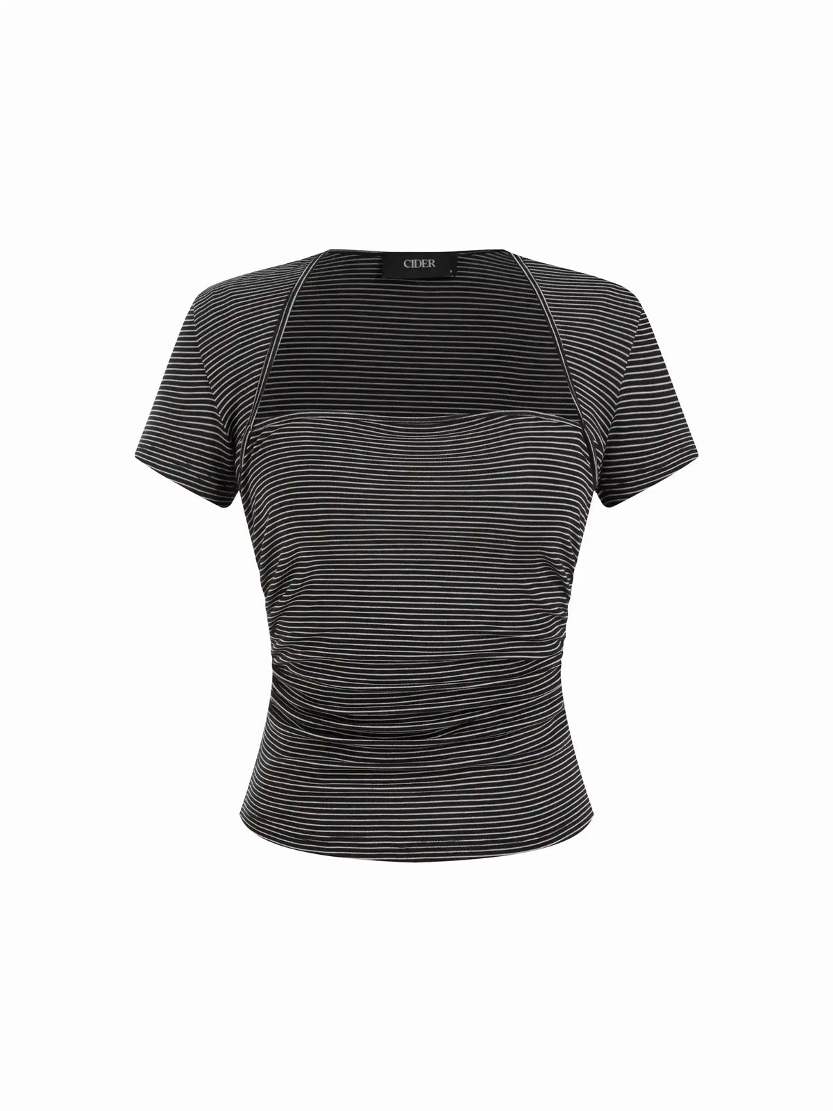 Striped Square Neck Ruched Short Sleeve Top