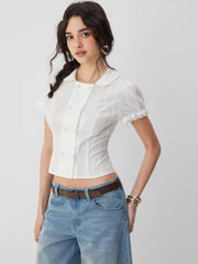 Cotton-blend Textured Puff Sleeve Ruffled Short Sleeve Blouse
