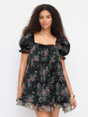 Organza Floral Square Neck Puff Sleeve Bowknot Textured Babydoll Mini Dress