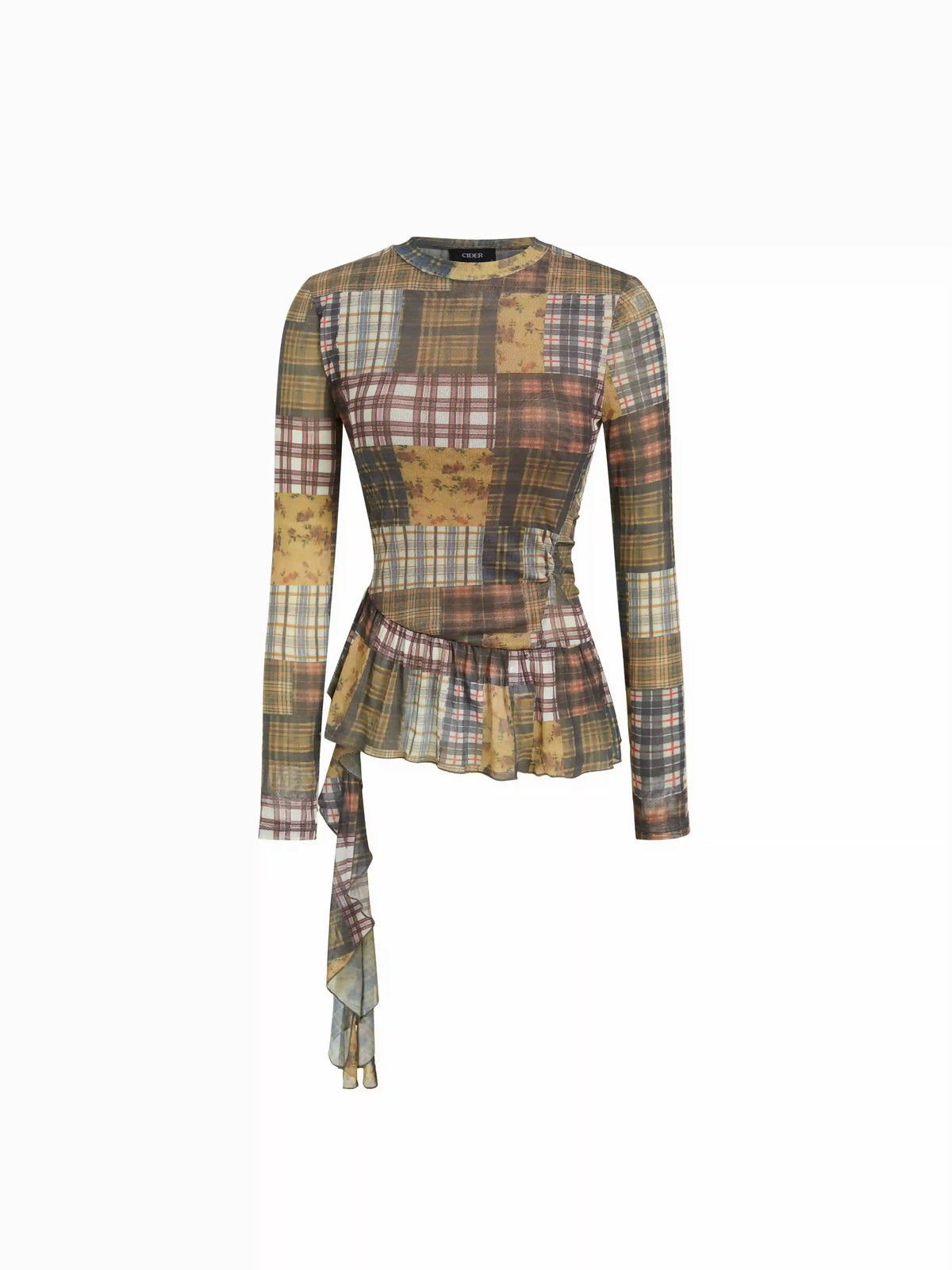 Mesh Stand Collar Long Sleeve Checks Ruffle Floral Top