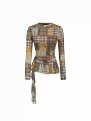 Mesh Stand Collar Long Sleeve Checks Ruffle Floral Top
