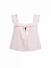 Textured Ruffle Sleeve Stripe Bowknot Top & Mid Rise Micro Shorts Set