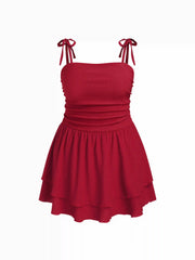 Square Neck Solid Ruched Knotted Layered Mini Dress Curve & Plus