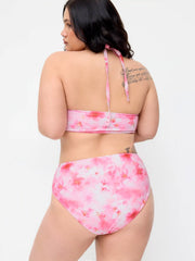 Floral Halter Neck Bandeau Top & Mid Rise Bikini Bottom With Wrap Skirt Three-piece Bikini Set Curve & Plus