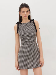 Round Neckline Gingham Bowknot Ruched Mini Dress