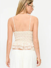 Cotton-blend Floral Sweetheart Lace Trim Peplum Cami Blouse