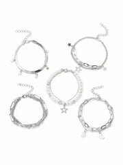 5 PCS STAR & MOON & FAUX PEARL BRACELET SET