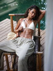 Halter Neckline Triangle Top & Low Rise Bikini Bottom Bikini Set With Beaded Detail