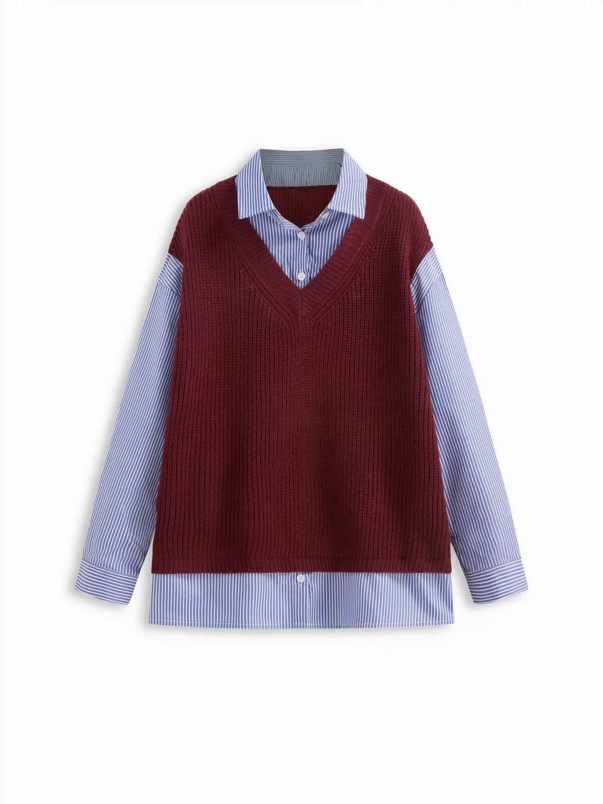 Knit Wool-blend Collar Stripe Two Tone Patchy Oversized Top