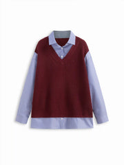 Knit Wool-blend Collar Stripe Two Tone Patchy Oversized Top