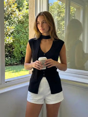Knit V-neck Solid Button Split Tank Top With Scarf