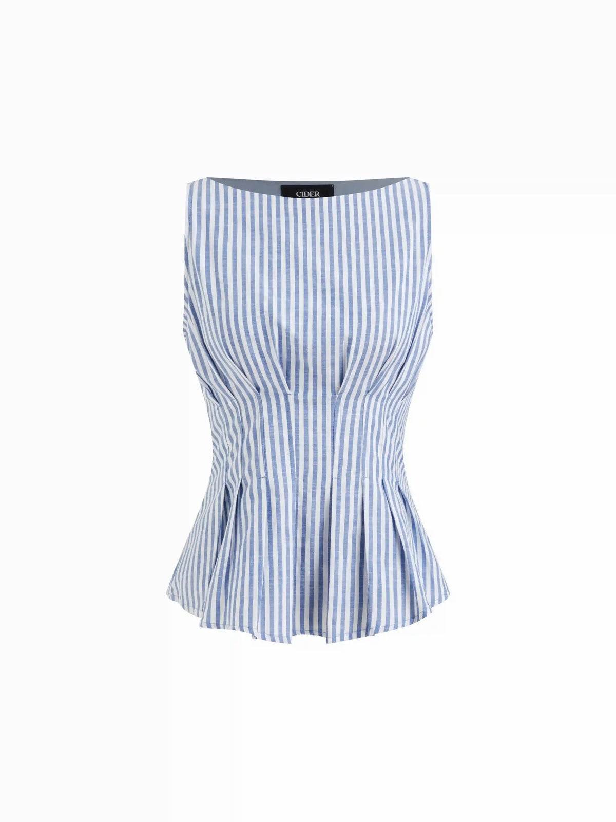 Cotton-blend Boat Neck Stripe Pleated Tank Top