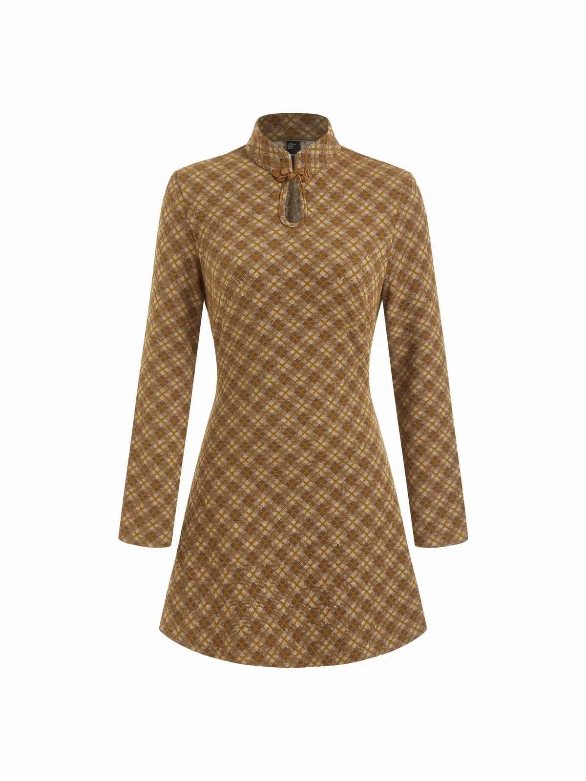 Plaid Stand Collar Long Sleeve Cut Out A-line Mini Dress