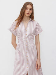 Cotton-blend V-neck Stripe Button Through Elastic Waist Shirt Midi Dress