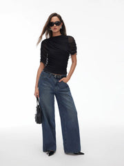 Mesh Round Neckline Ruched Short Sleeve Top