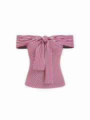 Cotton-blend Striped Off-shoulder knotted Slim Top