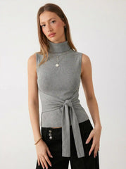 Cotton-blend High Neck Knotted Top