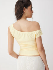 Mesh Floral Asymmetrical Neck Ruched Tank Top