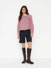 Red Gingham Peter Pan Collar Bowknot Oversized Blouse