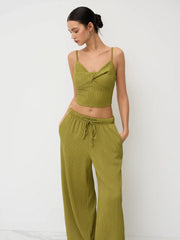 V-neck Twist Cami Top & Mid Rise Drawstring Straight Leg Trousers Set