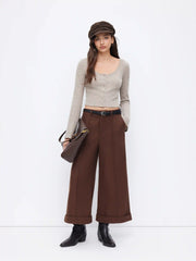 Wool-look Mid Rise Roll Hem Cropped Trousers With Belt