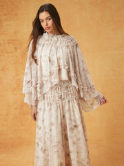 Chiffon Floral Stand Collar Oversized Cropped Top & Mid Rise Ruffled Maxi Skirt Set