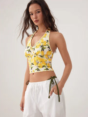 Cotton-blend Lemon Graphic Halter Neckline Backless Crop Cami Blouse