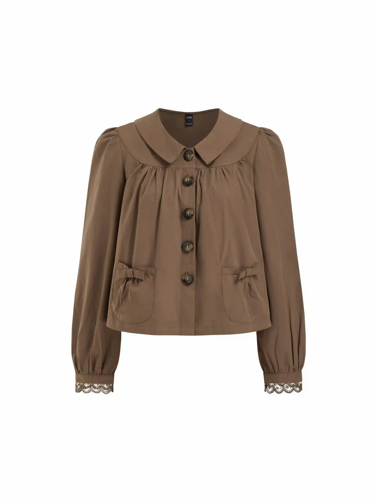 Cotton-blend Collar Puff Sleeve Bowknot Oversized Blouse