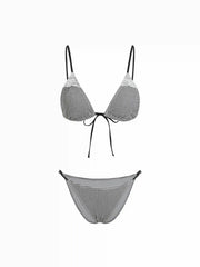 Textured V-neck Gingham Lace Trim Triangle Low Rise Bikini Set