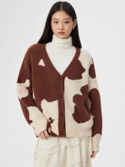 Wool-blend V-neck Cow Print Contrast Trim Cardigan