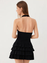 Cotton-blend Scoop Neck Bowknot Tiered Mini Dress