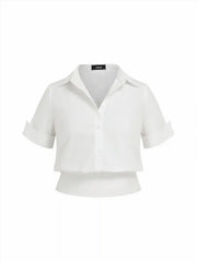 Cotton Collar Middle Sleeve Shirred Hem Shirt Curve & Plus