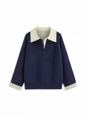 Knit Collar Two Tone Button Long Sleeve Top