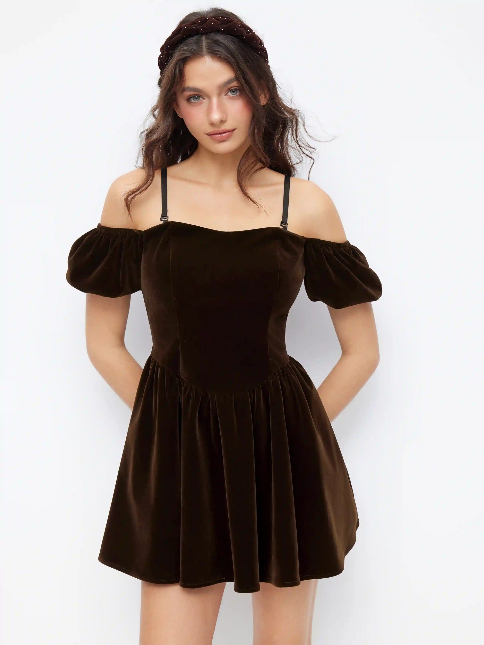 Velvet Off-shoulder Puff Sleeve Lace Up Mini Dress