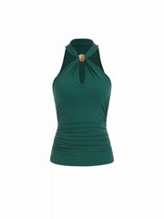 Halter Neckline Beaded Ruched Twist Knotted Top