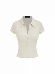 Linen-blend Polo Collar Short Sleeve Top
