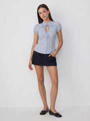 Cotton-blend Gingham Stand Collar Puff Sleeve Bowknot Cut Out Blouse