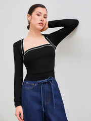 Knit Square Neck Solid Contrasting Binding Ruched Long Sleeve Top