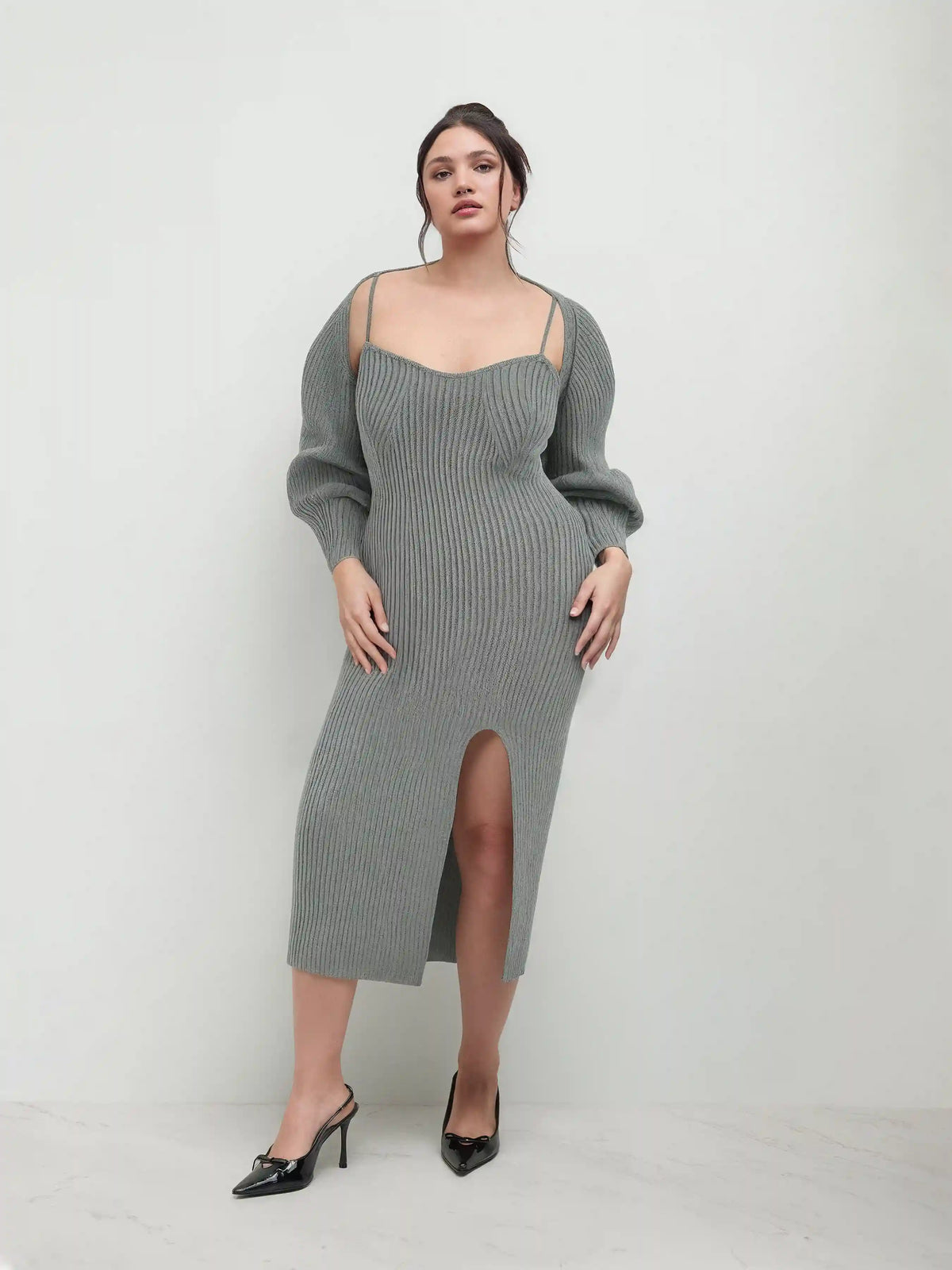 Knit Solid Cami Split Midi Dress & Crop Top Curve & Plus