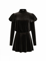Velvet Stand Collar Ruched Ruffle Hem Mini Dress