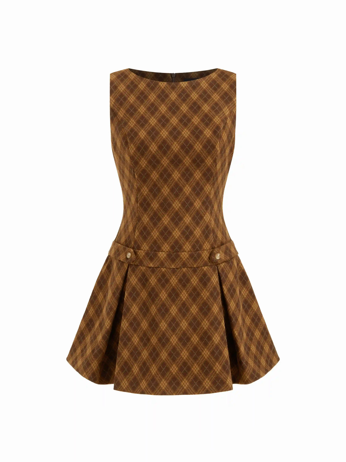 Wool-look Boat Neck Plaid Pleated Mini Dress