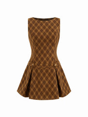 Wool-look Boat Neck Plaid Pleated Mini Dress