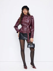 Faux Leather Funnel Neck Long Sleeve Double Breasted Shacket With Belt
