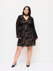 Mesh V-neck Floral Bow Long Sleeve Mini Dress Curve & Plus
