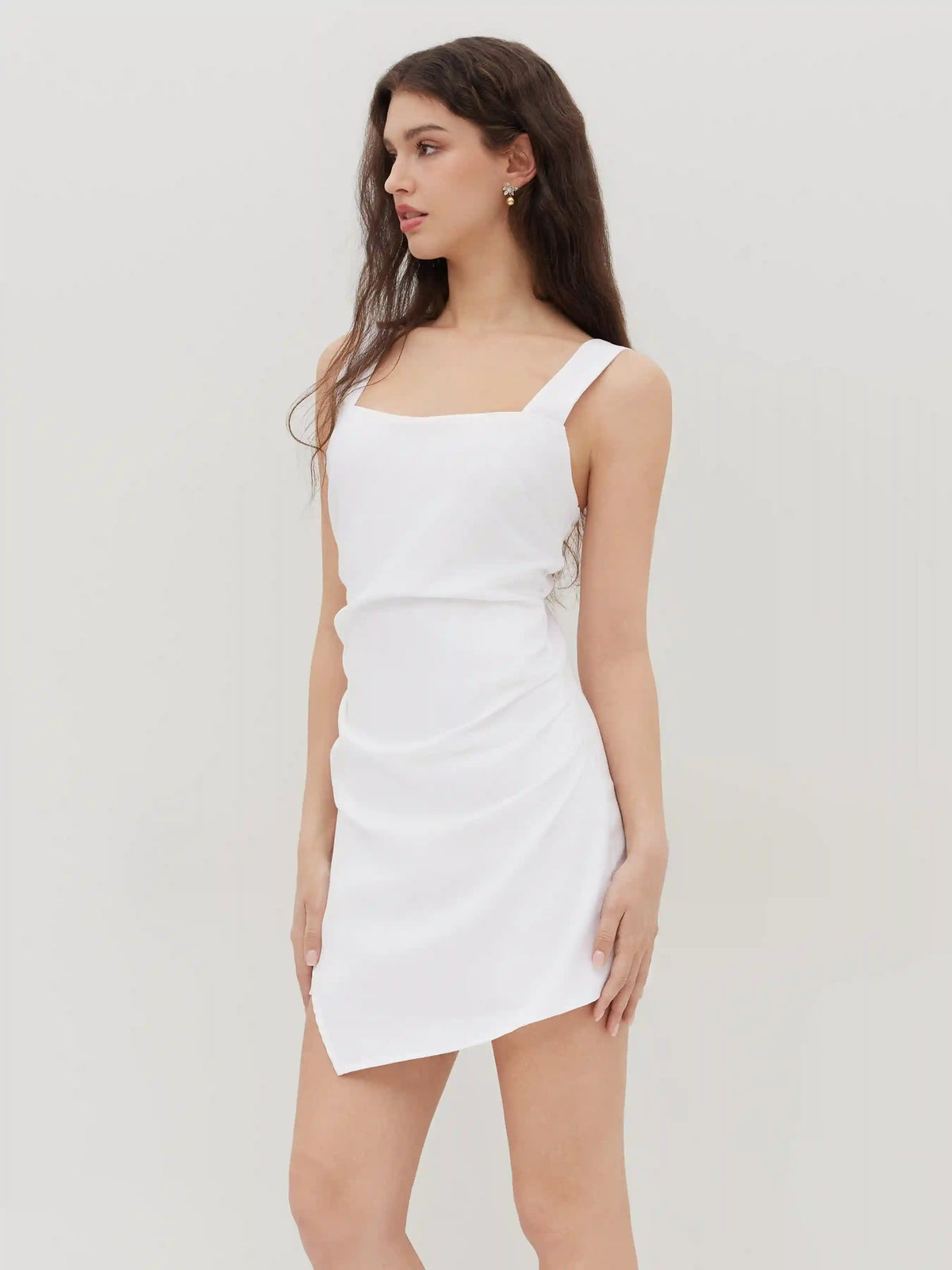 Square Neck Ruched Asymmetrical Hem Mini Dress