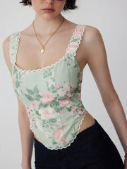 Linen-blend Floral Square Neck Lace Trim Corset Tank Top
