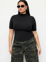Stand Collar Lettuce Trim Ruched Mid-length Sleeve Tee Curve & Plus